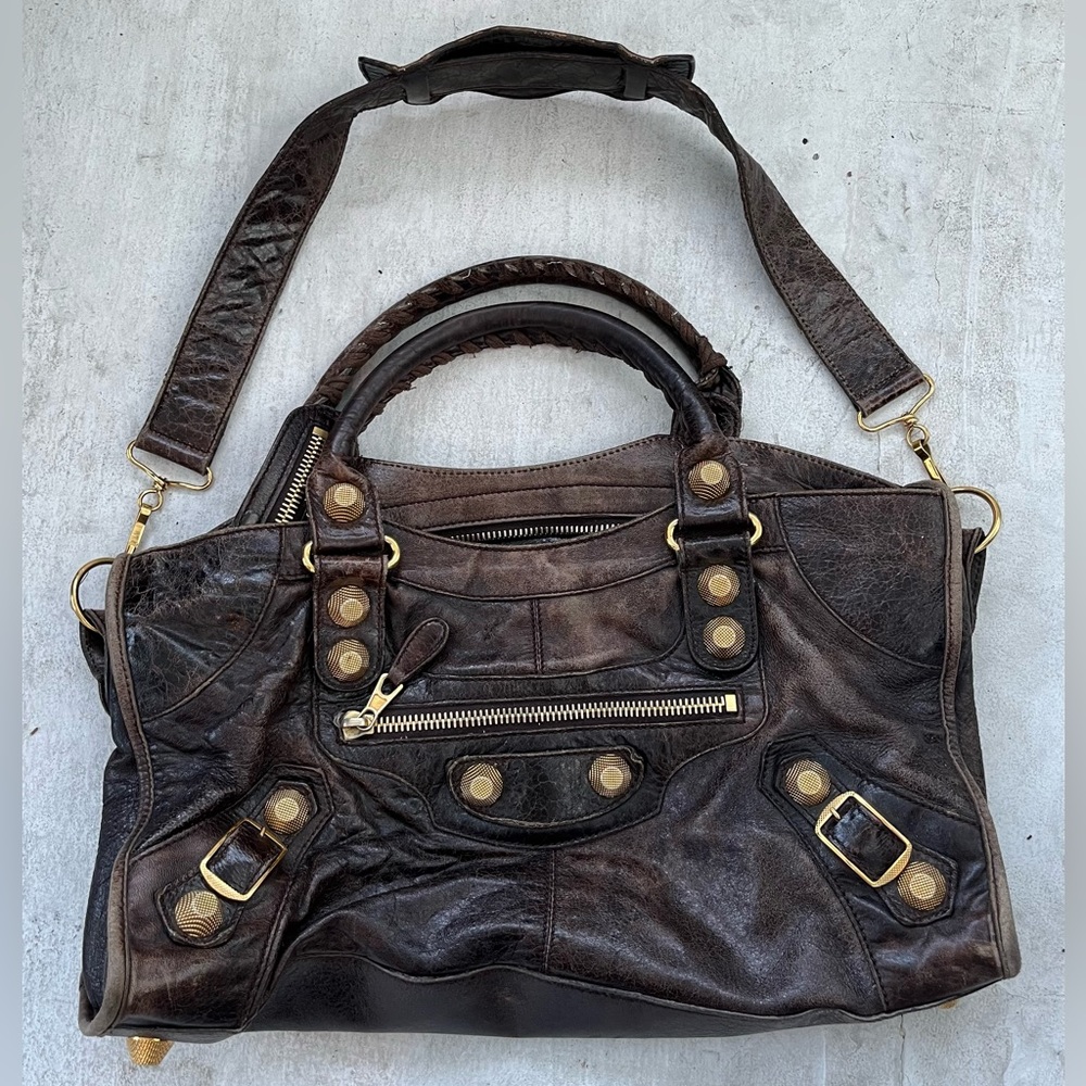 Balenciaga City Bag Dark Brown Large Gold Studs